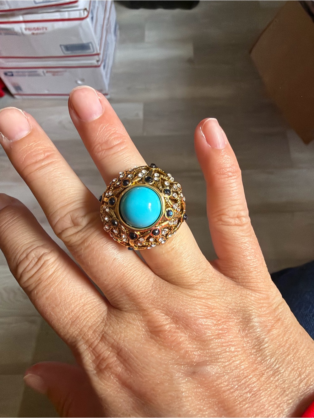 Gold-Tone Statement Ring with Turquoise Cabochon size 5